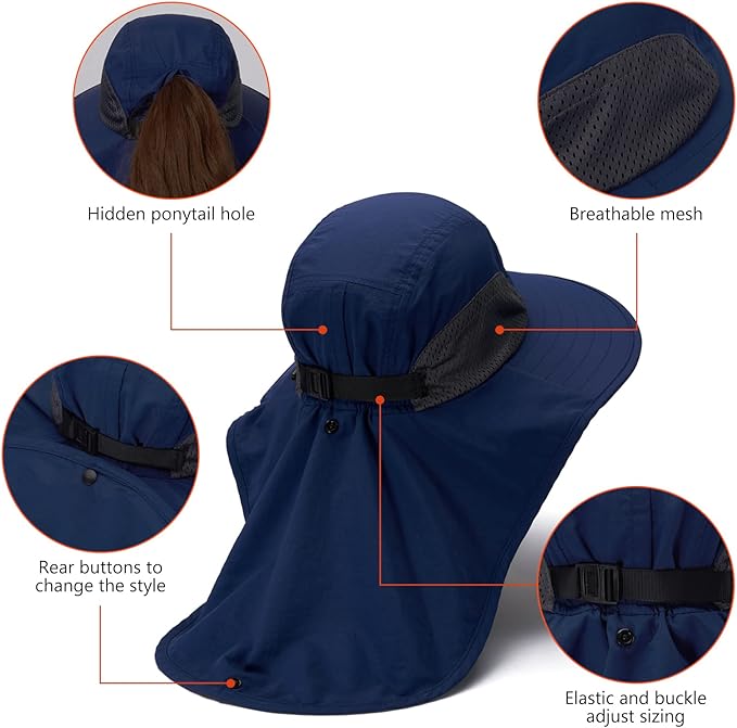 BASSDASH UPF 50+ Unisex Water Resistant Wide Brim Sun Hat with Large Neck Flap Ponytail Fishing Hat for Men Women