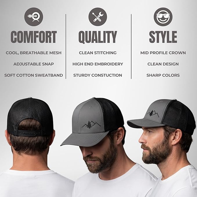 LINDO Trucker Hat [ Great Outdoors Design ] for Men and Women: Mid Profile Cap with Breathable Mesh Back and Adjustable Snap