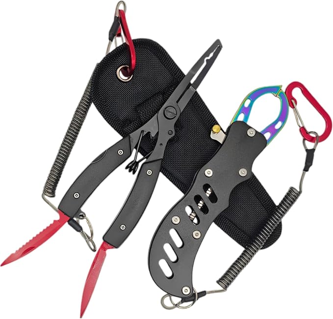 Fishing Multitool, 6.5 in, with Hook Remover Pliers, Aluminum Lip Gripper, Double Blade Cutter, Finish, Split Loop, Crimping Feature, Steel Lanyard, Oxford Bag
