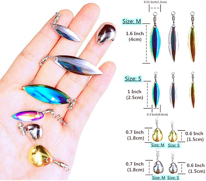 Tail Spinners Blades for Bass Fishing: 10pcs/Box Spinnerbaits Colorado Willow Blades with Ball Bearing Swivels and Screw Lock for Worm Spoons Lure Making - Swimbait Spinner Size 1 2 3 3.5