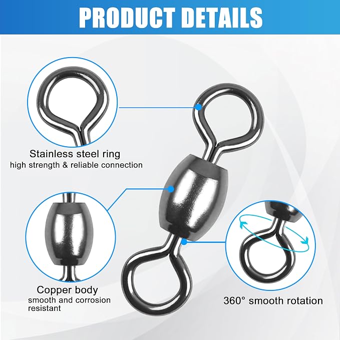 AGOOL Fishing Barrel Swivels, 50/150pcs Rolling Ball Bearings Fishing Swivels Fishing Tackle High Strength Copper with Stainless Steel Rings Line Lure Leaders Connectors 30LB-88LB