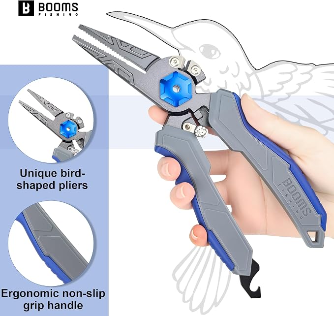 Booms Fishing Pliers Hook Remover: 8.1" Angled Carbon Steel Fish Pliers for Saltwater - Fishing Line Cutter with Lanyard - Braided Cutters & Crimper with Safety Lock, Multi-Function Gear for Men, F09