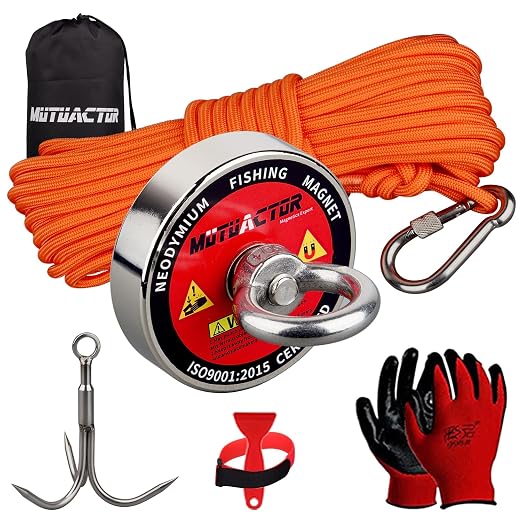 MUTUACTOR Heavy Duty Fishing Magnet Kit,500lb Neodymium N52 Magnets with 65Ft Salvage Rope and Grappling Hook,Retrieval Rare Earth Magnets for Recovery Lost Treasure in Lake Rivers