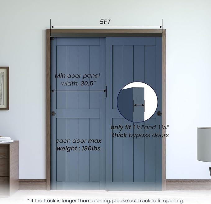 SMARTSTANDARD 60"/5FT Ceiling Mount Bypass Sliding Door Hardware Kit for Cabinet Closet, Double Pocket Doors Hardware with Finger Pull, Smoothly and Quietly, Fit 30.5" Wide Door Panel, No Door, Black