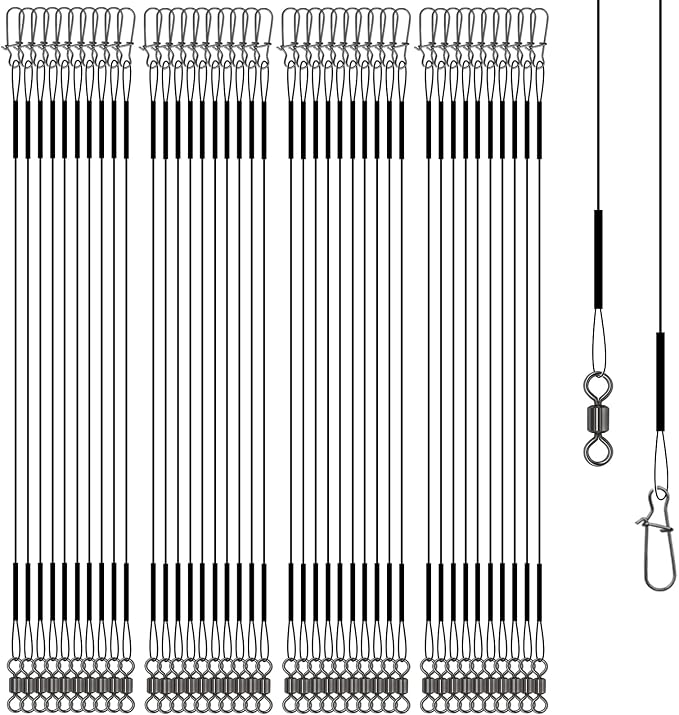 Stainless Steel Fishing Wire Leaders, Black Coated & Uncoated Options, Heavy Strength 31–100LB, 6–21in Multi Sizes with Rolling Swivels Snaps for Salt Fresh Water Shark Pike Barracuda
