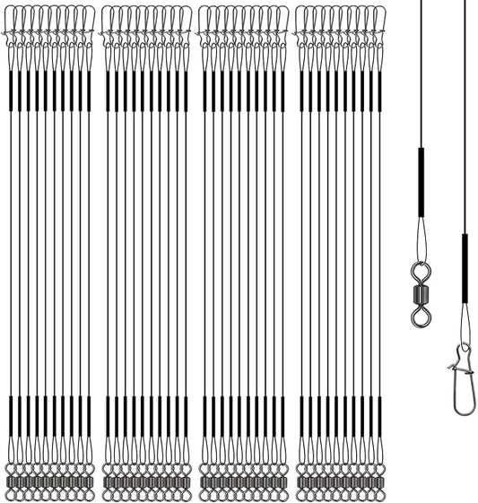 Stainless Steel Fishing Wire Leaders, Black Coated & Uncoated Options, Heavy Strength 31–100LB, 6–21in Multi Sizes with Rolling Swivels Snaps for Salt Fresh Water Shark Pike Barracuda