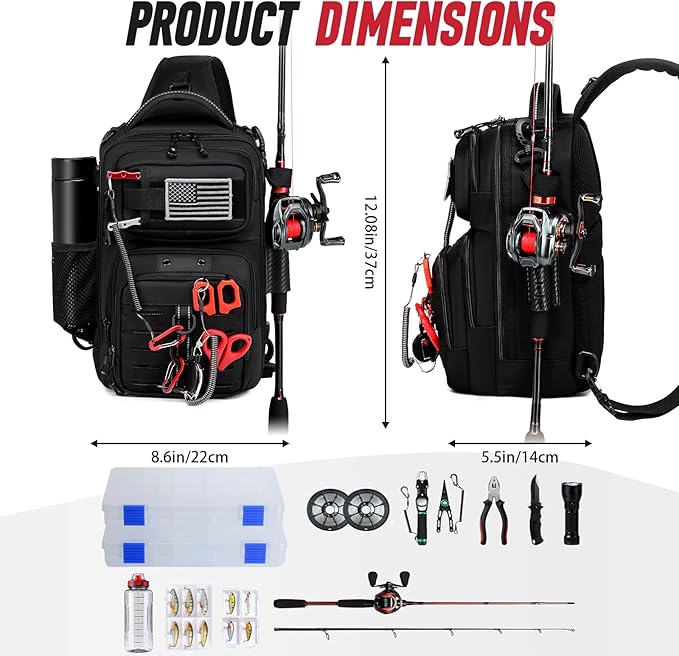 Fishing Sling Bag with Tackle Box, MOLLE System Fishing Backpack with Fishing Lures Kit, Fish Hook Remover Tool, Fish Lip Gripper, Fishing Plier & Accessories, Fishing Gear Gift for Men Black