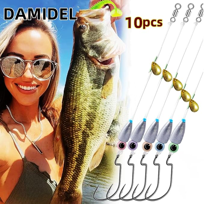 10Pcs Fishing Bullet Weights Texas Rigs Ready Kit,Worms, Sinker (10g/7g/5g), Worm Hooks, Carbon line,Spinner Blades，Eye Beads Bait, Fishing Bass Rig Saltwater Freshwater
