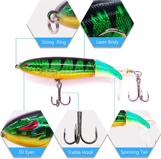 Topwater Bass Fishing Lure Kit, Plopping Propeller Tail Bigger Splash Whopping, Soft Plastic Frog Bait 3D Eyes Lifelike Body Pattern, for Bass Snakehead Musky Pike Walleye, 5 pcs…