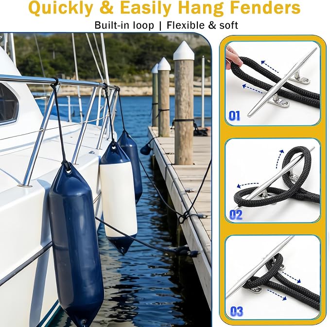 2 Pack 3/8'' x 6' Boat Fender Lines for Mooring, Docking Ties & Small Boat,Premium Marine- Grade Double Braided Nylon Boat Rope with a 5" Eyelet,Anti-Wear & Weather-Resistant-Red