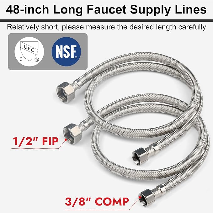 Midanya Faucet Supply Lines,48" Stainless Steel Braided Water Supply Line, 1/2" FIP x 3/8" COMP Faucet Hose, Faucet Hose Connector x 2 Pcs (1 Pair)