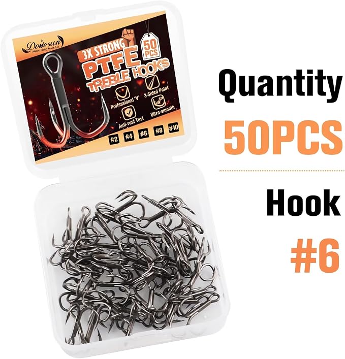 Dovesun Fishing Treble Hooks, Triple Hooks 3X Strong Professional V, 50PCS High Carbon Steel Replacement Fishing Hooks for Saltwater and Freshwater, Sizes #10#8#6#4#2