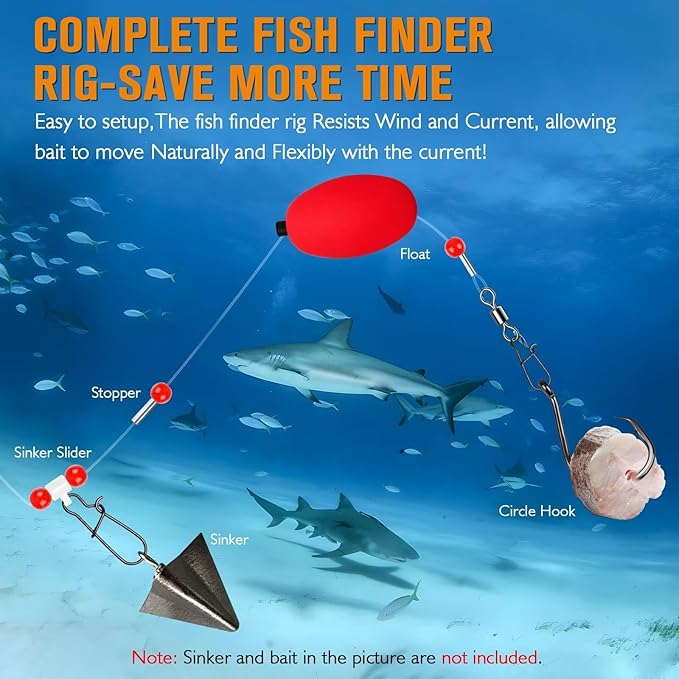 Dovesun Fish Finder Rig with Float 20.5" Surf Fishing Rigs 90LB Surf Fishing Tackle for Shark Bluefish Stripers 6PCS 5/0 8/0