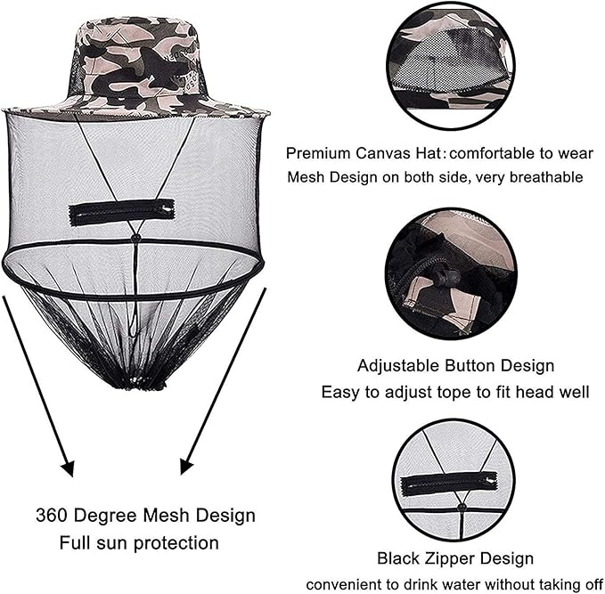 2 Pack Mosquito Head Net Hat, Sun Hat Bucket Hat Fishing Hat with Hidden Net Mesh for Outdoor Lover Fishing Hiking Gardening Beekeeping Men or Women ArmyGreen