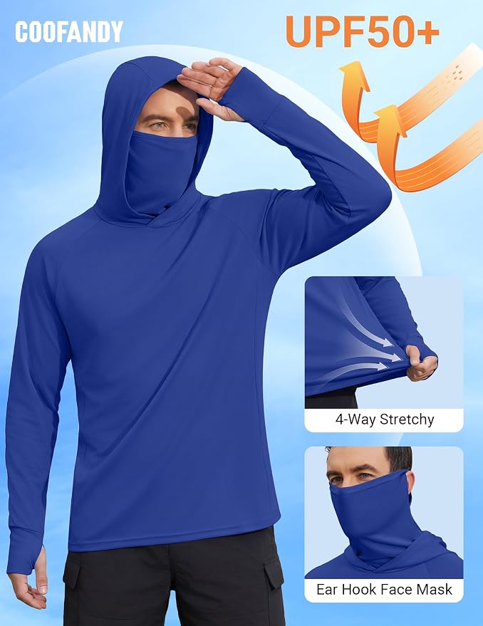 COOFANDY Mens UPF 50+ Sun Protection Hoodie with Mask Lightweight Long Sleeve SPF Fishing Shirts UV Hiking Running Rash Guard