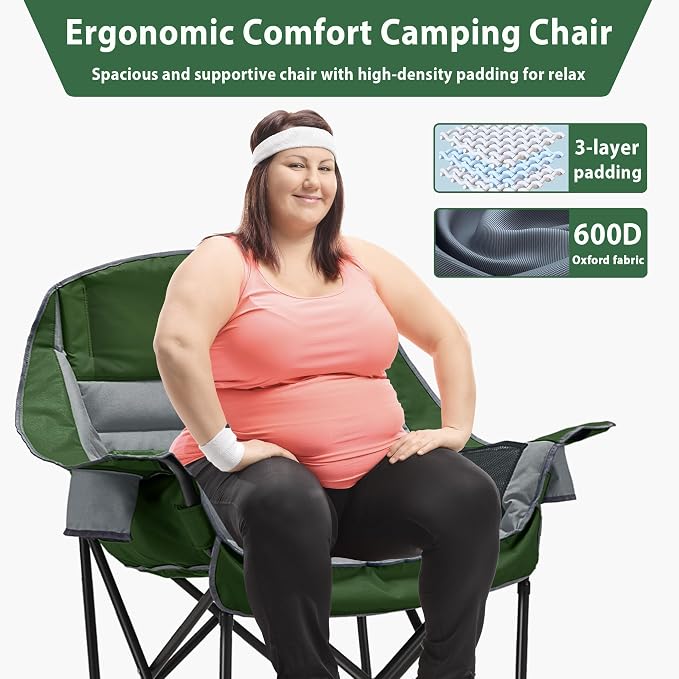 Youtanic Oversized Extra Large Padded Camping Chair, up to 400lbs, Folding Camping Chairs with Side Pocket, Carry Bag, Heavy Duty Outdoor Camp Chairs for Adults, Fishing, Sports, Trip, Gray-Green