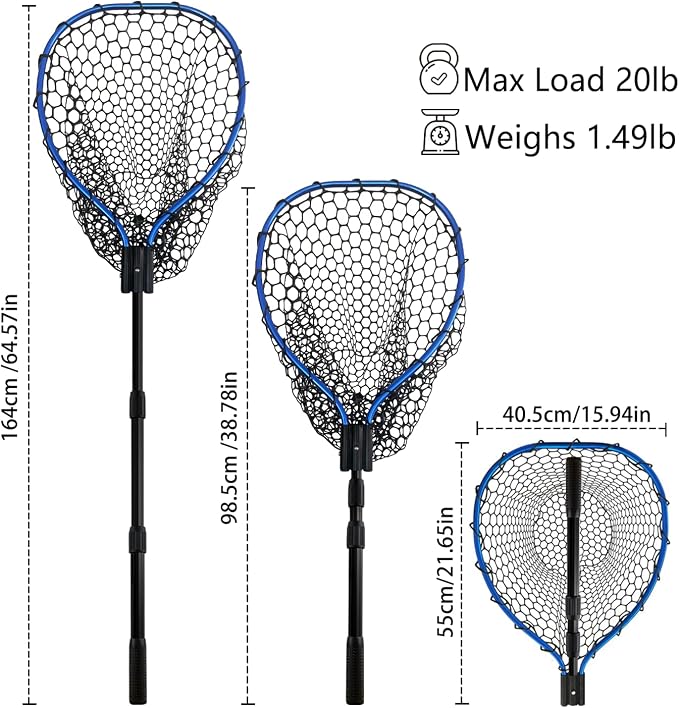 Telescoping Metal Lock Fishing Net Blue Aluminum Alloy Rubber Fish Net - Adjustable Length Lightweight Foldable Large Fishing Net with Handle Collapsible Extendable Fishing Accessories