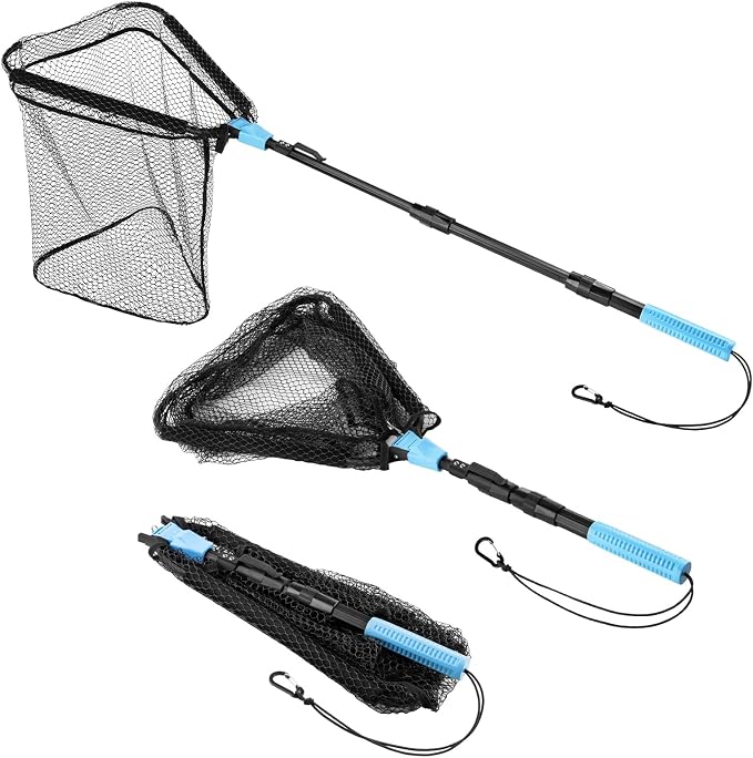 Calamus Triangle Fishing Net, Foldable, Lightweight & Strong Landing Net with Non-Slip Elastomer Handle, Built-in Elastic Lanyard and Belt Clip, Fishing Gear - Gift for Men