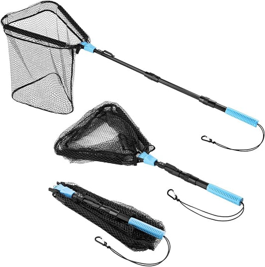 Calamus Triangle Fishing Net, Foldable, Lightweight & Strong Landing Net with Non-Slip Elastomer Handle, Built-in Elastic Lanyard and Belt Clip, Fishing Gear - Gift for Men