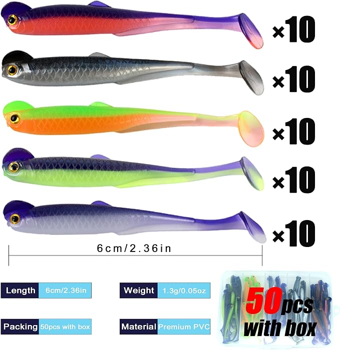 Paddle Tail Swimbaits,Soft Plastic Fishing Lures Swim Baits for Bass Fishing,30/50pcs with Box,Soft Plastic Swimbaits for Bass Trout Crappie Lures Kit for Saltwater Freshwater