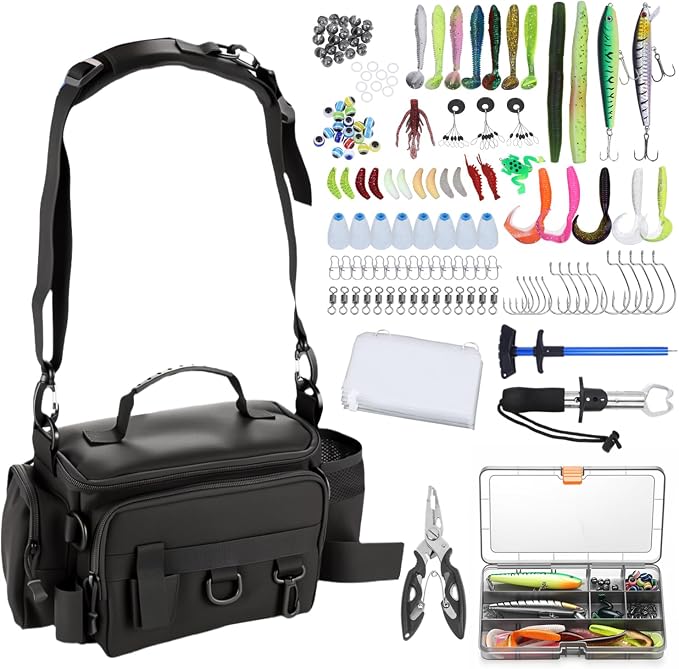 Fishing Tackle Bags with Tackle Box,Waterproof,Padded Shoulder Strap,Gear Storage,Fish Bag with 136 Pcs Fishing Lures Kit,Fish Hook Remover Tool,Fish Lip Gripper,Fishing Plier,Gifts for Men (Black)