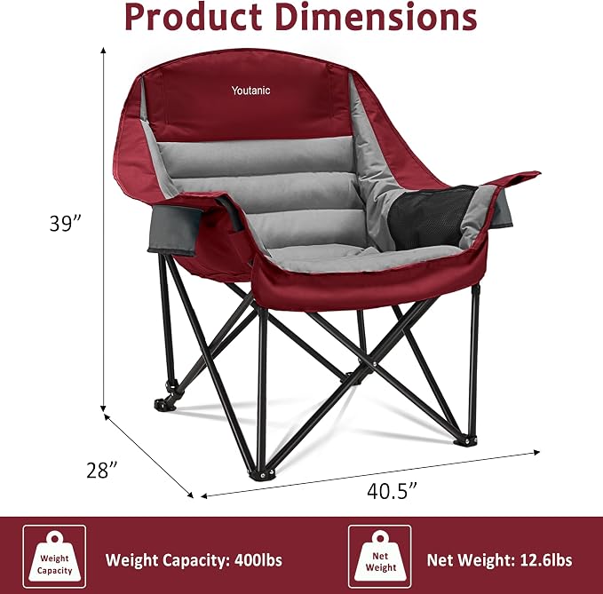Youtanic Oversized Camping Chair, Portable Folding Camping Chairs with Side Pocket, Cup Holder and Carry Bag, Heavy Duty Outdoor Camping Chairs for Adults, Fishing, Sports, Trip, up to 400lbs, Style 3