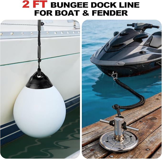2FT Bungee Dock Line Boat Accessories 2pcs Fender Lines with 316 Stainless Clip for Boat Bumper/Boat Fender for Mooring for Jet Ski, Seadoo, Yamaha (Black, 2Feet)
