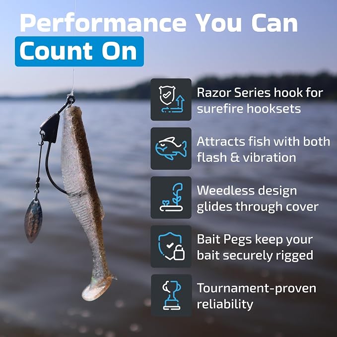 Harmony Fishing - Razor Series Underspin Swimbait Hooks (4 Pack w/ 5 Bait Pegs) - Weighted Weedless Swimmer Hooks with Flashy Willow Spinner Blades