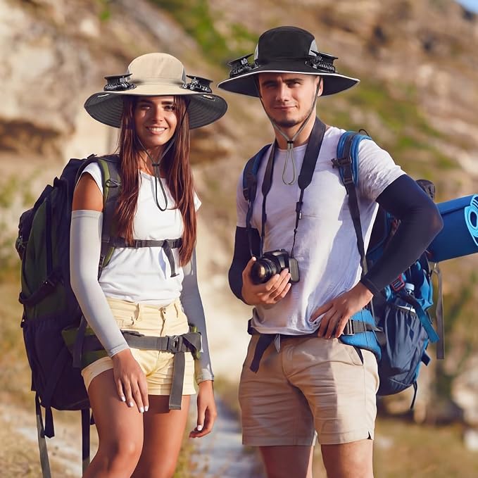 Glitopper 2 Set Wide Brim Solar Fan Hats with 2 Solar Fan and Arm Sleeves Set Outdoor Fishing Bucket Hat for Men Women Hiking