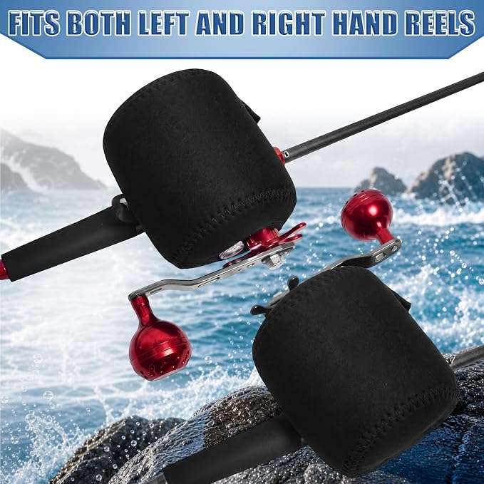 2 Pcs Black Round Baitcasting Reel Cover, 4mm Thick Neoprene Fishing Pouch for Conventional Gear, Shockproof Protective Case, Left Right Handed Storage Bag Size L 3.9"x3.3"