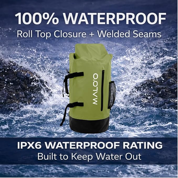 Malo’o 45L Waterproof Dry Bag Backpack – Heavy Duty Roll Top Fishing & Beach Backpack, IPX6 Water Resistant Gear Bag for Kayaking, Camping, Surf, Travel & Outdoor Adventure