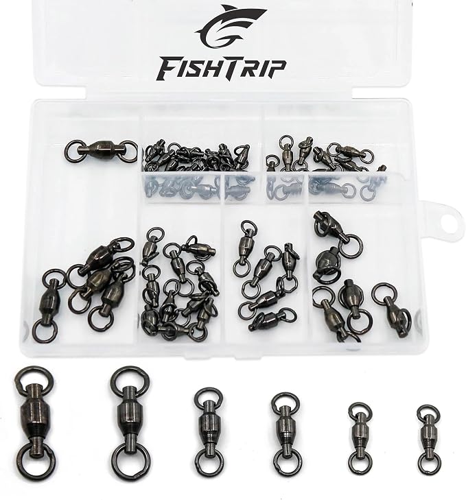 FishTrip 30/50 Pack Ball Bearing Fishing Swivels, High Strength Stainless Steel Swivels Fishing Tackle Solid Welded Rings Barrel Swivels Fishing Connectors for Saltwater Freshwater Size 0#-10#