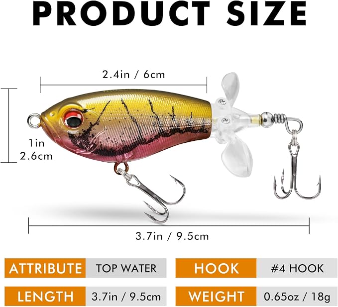 TRUSCEND Popobait Easy Catch Fishing Lures with BKK Hooks, Instant Startup, Longer Cast, Balanced Spray/Sound/Swim, Plopper Topwater Lures for Bass, Trout, Pike, Walleye, Freshwater Saltwater Fishing