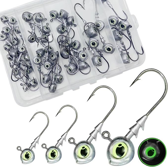 50Pcs/Box Swimbait Jig Heads Fishing Hooks with 3D Eye，4 Sizes（1/4oz.3/8oz,1/5oz. 1/8oz Mixed，Automatic stabilization Head Design/Luminous,Bass Freshwater&Saltwater