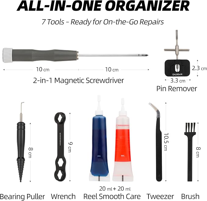 RUNCL 8-in-1 Fishing Reel Repair Kit – Bearing Puller, Magnetic Screwdriver, Wrench, Tweezers, Complete Reel Care Accessories – for Spinning & Baitcasting Reels