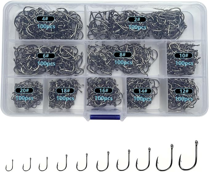 Dyxssm Small Fishing Hooks for Freshwater, 1000pcs 600pcs 400pcs Trout Fish Hook Set, 10 Sizes #2-#20
