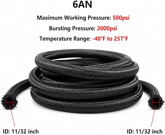 Ucreative 6AN CPE Fuel Hose Line Fitting Kit AN6 Nylon Braided Fuel Hose 10FT Black ID: 0.34 inch (8.7mm)