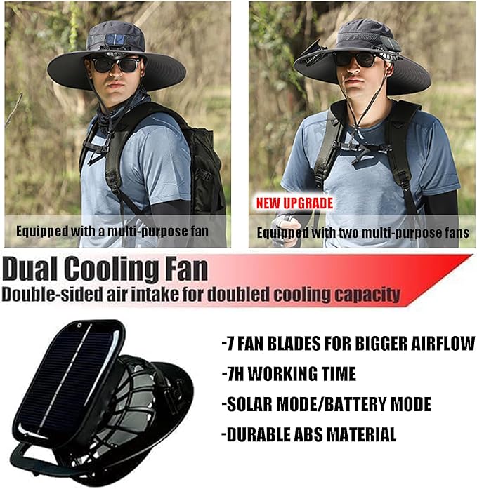 Hat with Fan,Solar Fan Hat,Wide Brim Sun Hat with 2 Solar Fan,for Outdoor Fishing,Waterproof Outdoor Hiking Camping Fishing