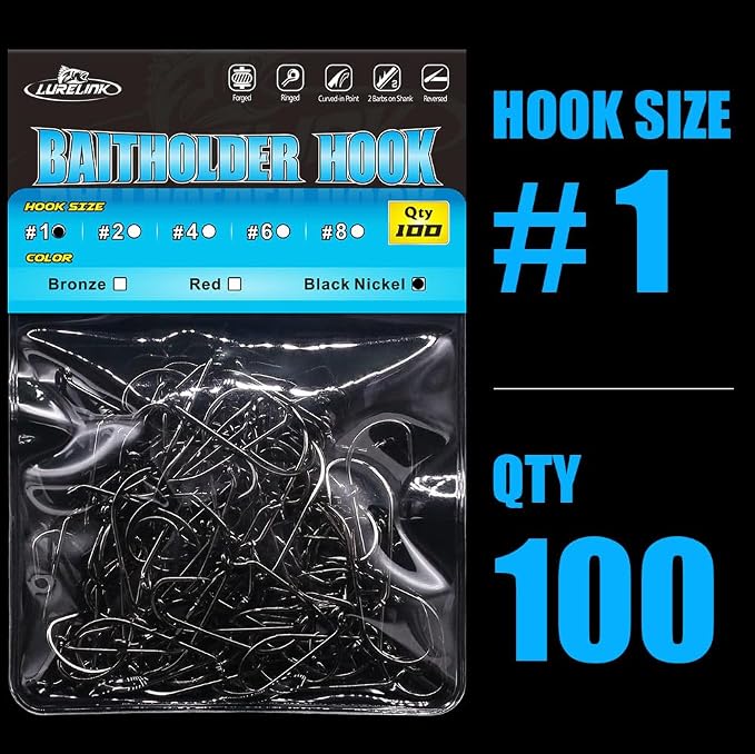 Baitholder Fishing Hooks 100 Pack - Double-Barbed Long Shank for Bluegill Bass Trout Walleye Black/Red, 8/0-#8