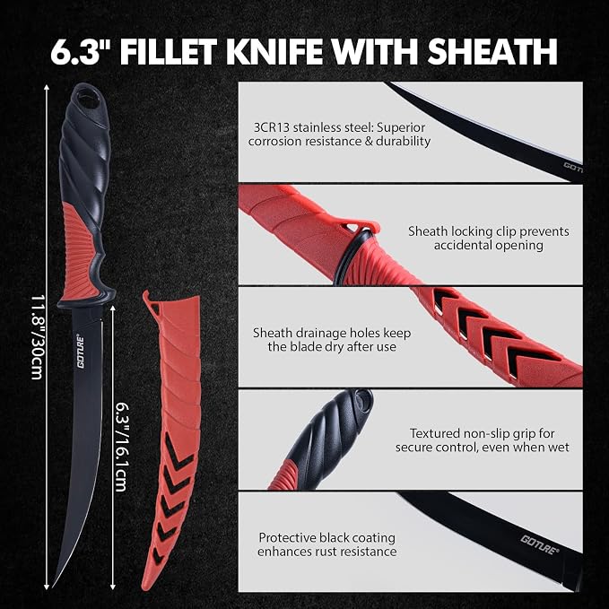 Goture Fishing Tool Kit,Fishing Pliers,Fillet Knife with Sheath,Fish Lip Gripper,Fish Hook Remover,Lanyard,Line Scissors,Sharpener,Stainless Steel Soap,Saltwater Gear Kit,Red/Pink,Gifts for Men/Women