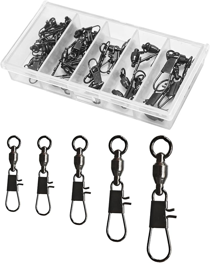 Hlotmeky Fishing Swivels with Interlock Snaps - 40 Pack Ball Bearing Swivels Black Nickel Snap Swivels High Strength Stainless Steel Corrosion Resistant Terminal Tackle for Saltwater Freshwater