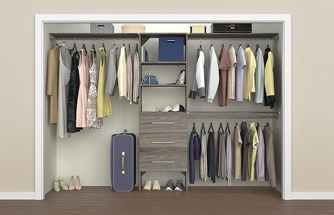 ClosetMaid SuiteSymphony Wood Closet Organizer Kit with Tower, 3 Hang Rods, Top Shelves, 3 Drawers, Modern, Fits Spaces 6 - 10 ft. Wide, Graphite Grey
