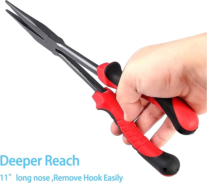 11" Long Nose Fishing Pliers, Straight & Bent Jaws, PTFE Coated Corrosion Resistant, Hook Remover & Braid Cutter Fishing Needle Nose Pliers, Saltwater Freshwater Gear for Bass Snook Trout