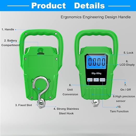 SKEAP Digital Fish Scale Hanging Scale Fishing Scale,110lb/50kg Luggage Scale,Upgrade Large Handle & Backlit LCD Display, Electronic Balance Digital Fishing Postal Scale,Green,Fishing Gifts for Men