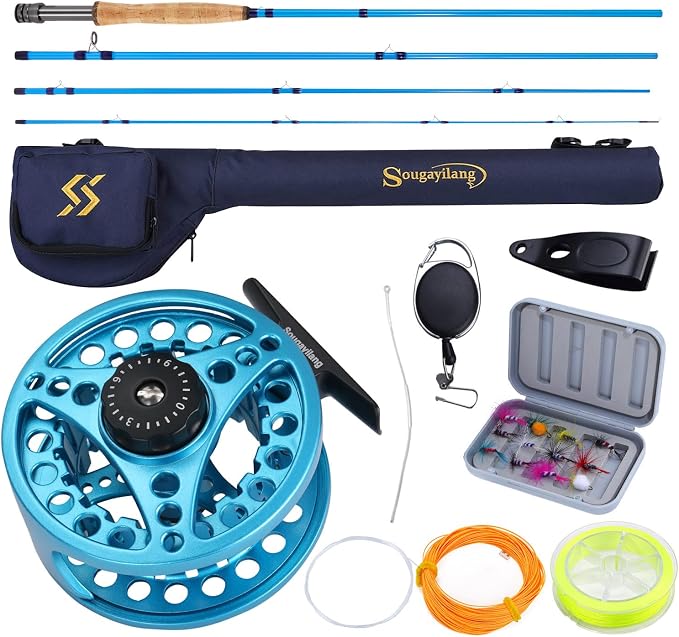 Sougayilang Fly Fishing Combo, 4 Piece Fly Rod and CNC Machined Aluminum Alloy Reel Complete Starter Package with Rod Bag