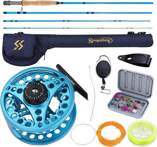Sougayilang Fly Fishing Combo, 4 Piece Fly Rod and CNC Machined Aluminum Alloy Reel Complete Starter Package with Rod Bag