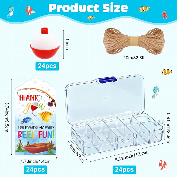 24 Set Fishing Candy Little Tackle Boxes for Birthday Party Favors with 24 Fishing Bobber 24 Thank You Cards for Making My Party Reel Fun Gone Fishing Theme Supplies Fishing Decorations (24)