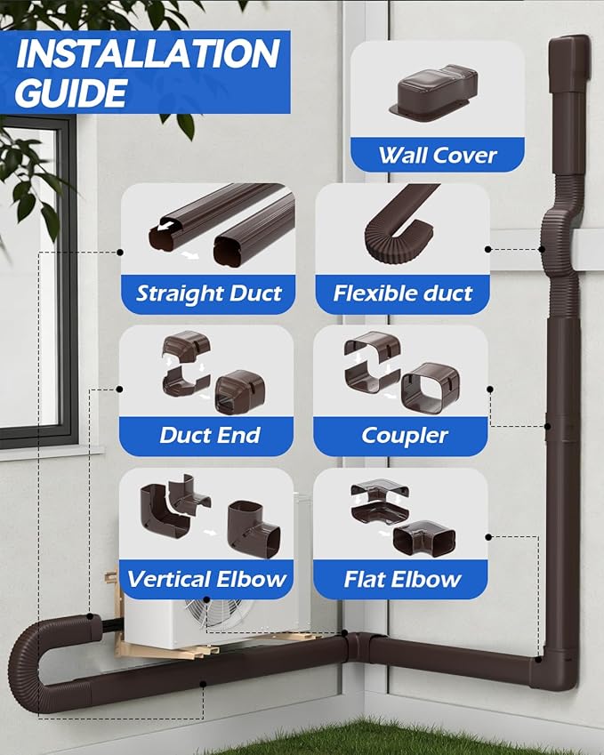 Mini Split Line Cover Set: 4" 17 Ft PVC Decorative Pipe Line Hide Cover Kit for Ductless Mini Split Air Conditioner, Central AC and Heat Pumps, Brown