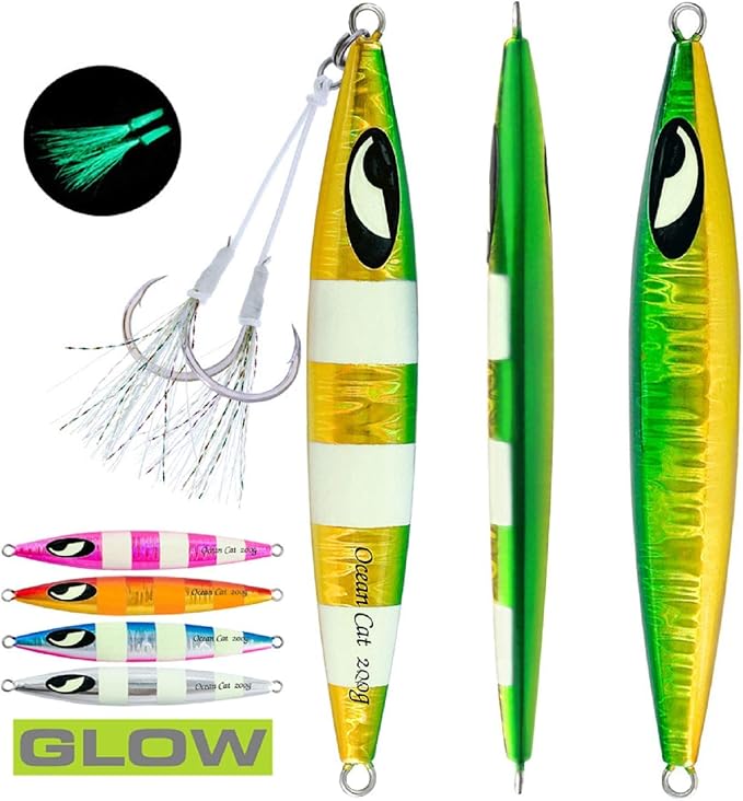 OCEAN CAT Lead Metal Flat Slow Fall Pitch Fishing Jigs Lures Sinking Vertical Jigging Bait with Butterfly Hook for Saltwater Fishing