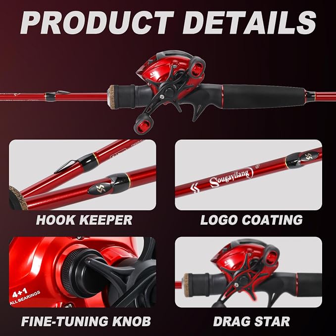 Sougayilang Fishing Rod and Reel Combo，Baitcaster Combo,5.9ft/6.9ft Carbon Fishing Pole,Lightweight Aluminum Spool Reel,Stainless-Steel Guides & Ergonomic Cork Grip